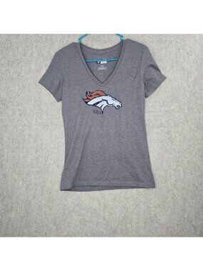 NFL Team Apparel Womens V-Neck T-Shirt Gray M Cotton-Poly Denver Broncos Logo